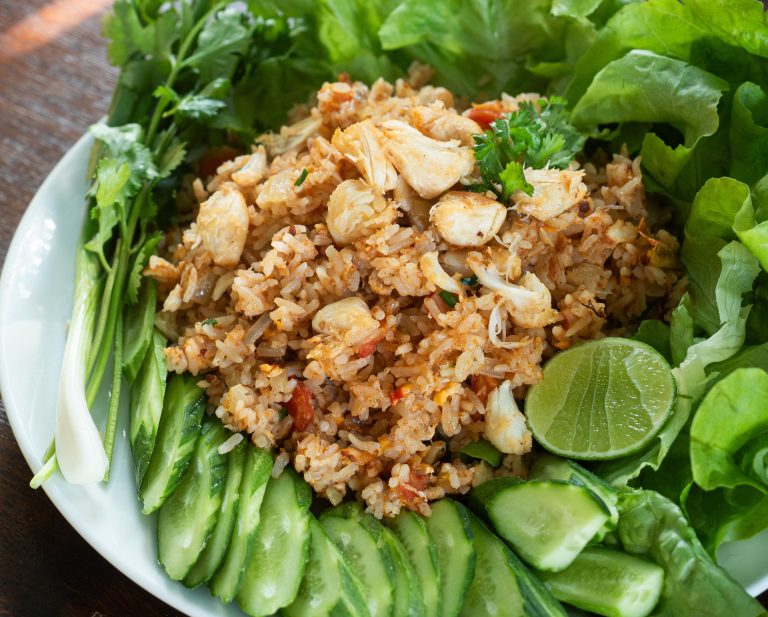 crab fried rice with lump crab meat, fluffy rice, and vegetables