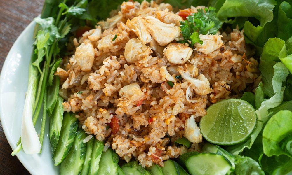 crab fried rice with lump crab meat, fluffy rice, and vegetables