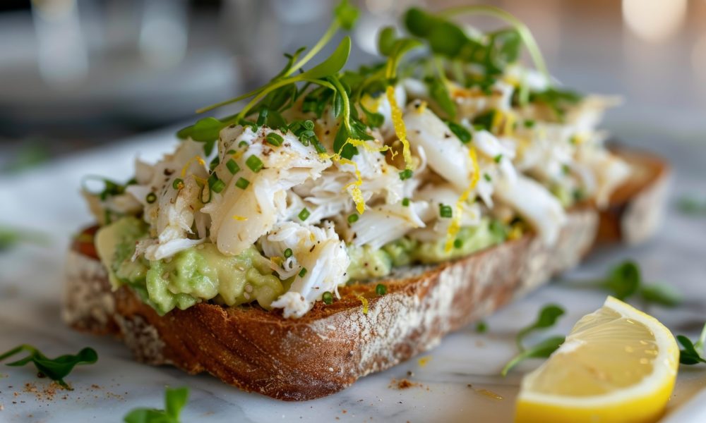 Avocado and Lump Crab Toast with Lemon Zest and Microgreens on Sourdough