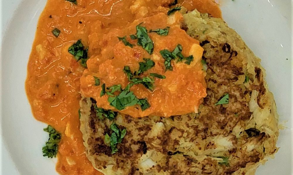 Crab & Chorizo Cake with Romesco