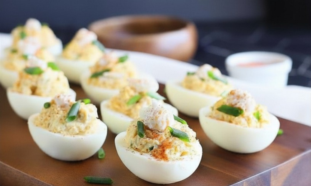 crab deviled eggs on wood board